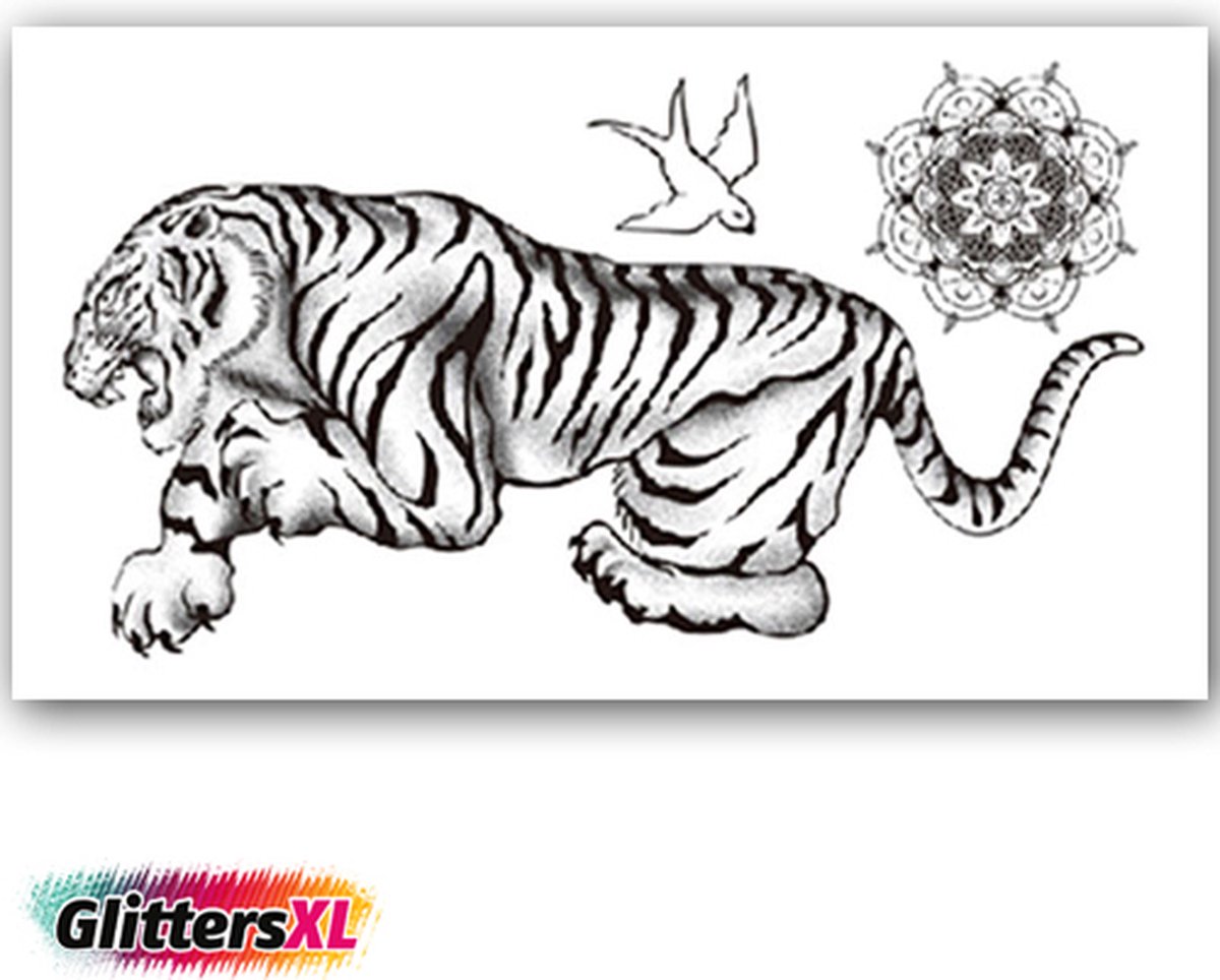 GlittersXL - Temporary Tattoo Tijger (11x6cm) [Neptattoo - Tijdelijke tatoeage - Nep Fake Tattoos - Water overdraagbare festival sticker henna outfit tattoo - Glitter tattoo - Volwassenen Kinderen Jongen Meisje]